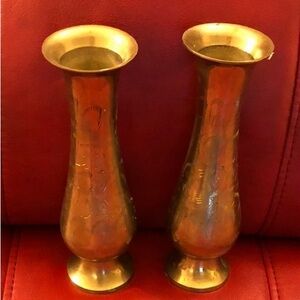 EUC Set Of 2 Solid Brass Bud Vases with Beautiful etched Designs Made in India